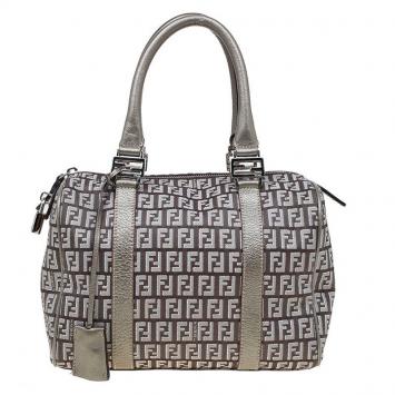 Pre Owned Fendi Grey Zucchino Canvas Small Forever Bauletto Boston Bag