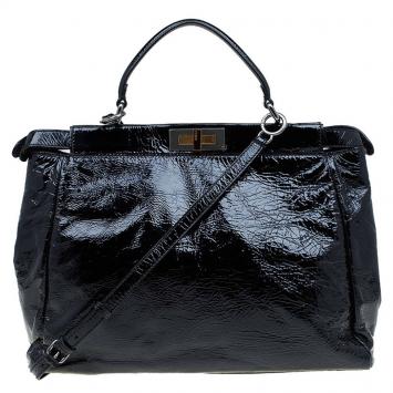 Pre Owned Fendi Black Patent Leather Peekaboo Tote Bag