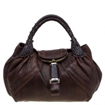 Pre Owned Fendi Brown Striped Leather Spy Bag