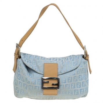 Pre Owned Fendi Metallic Blue Zucchino Canvas Baguette Shoulder Bag