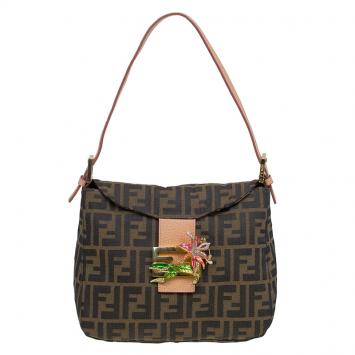 Pre Owned Fendi Tobacco Zucca Canvas Crystal Embellished Baguette Shoulder Bag