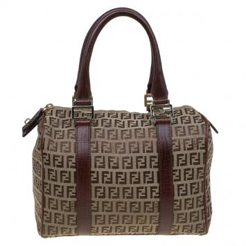 Pre Owned Fendi Brown Zucchino Canvas Bauletto Boston Bag