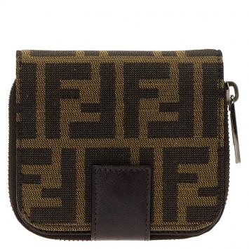 Pre Owned Fendi Tobacco Zucca Canvas Zip Around Compact Wallet