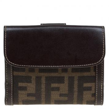 Pre Owned Fendi Brown Zucca Canvas and Leather Compact Wallet