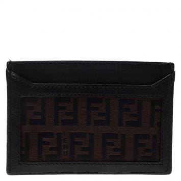 Pre Owned Fendi Brown Zucchino Canvas and Leather Card Holder