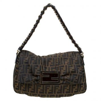 Pre Owned Fendi Tobacco Zucca Canvas Mia Flap Bag