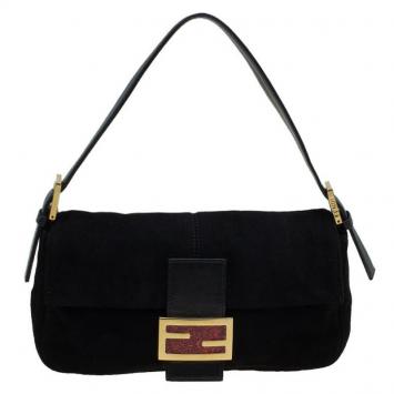 Pre Owned Fendi Black Suede Baguette Shoulder Bag