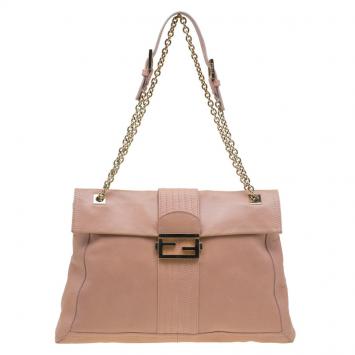 Pre Owned Fendi Beige Leather Maxi Baguette Flap Shoulder Bag