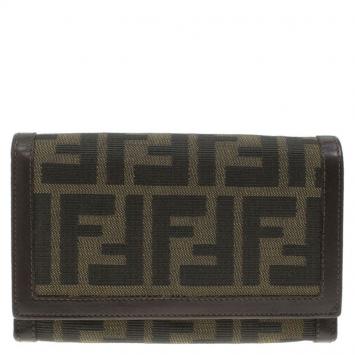 Pre Owned Fendi Tobacco Zucca Canvas Flap Wallet