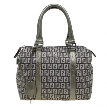 Pre Owned Fendi Grey Zucchino Canvas Small Forever Bauletto Boston Bag