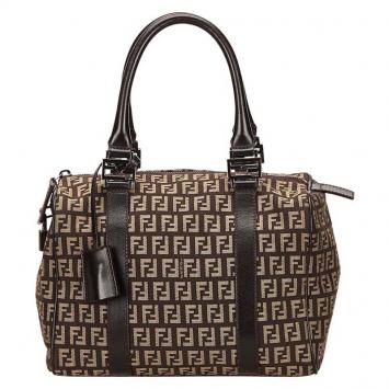 Pre Owned Fendi Tobacco Zucchino Canvas Small Boston Bag