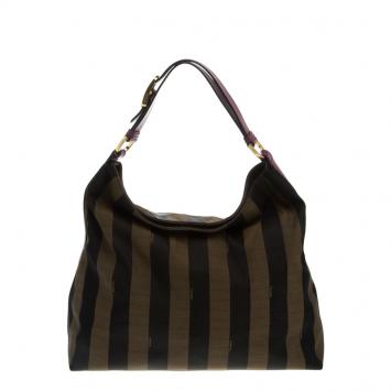 Pre Owned Fendi Brown/Purple Pequin Canvas and Leather Large Hobo
