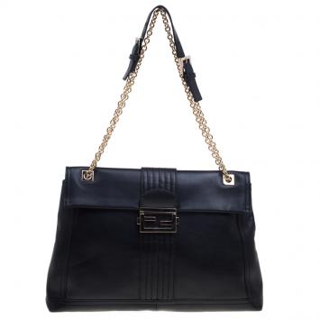 Pre Owned Fendi Black Leather Maxi Baguette Shoulder Bag