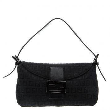 Pre Owned Fendi Black Zucchino Fabric Baguette Shoulder Bag