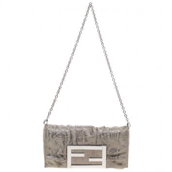Pre Owned Fendi Light Green Suede Glitters Mia Pochette Bag