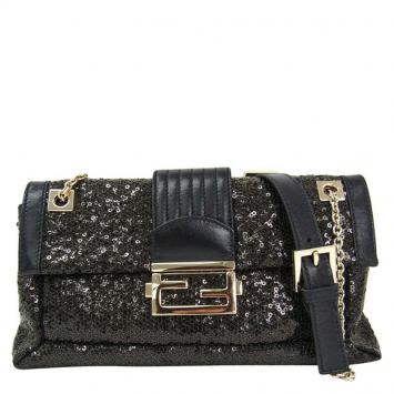 Pre Owned Fendi Black Sequin/Leather Baguette Chain Flap Bag