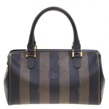 Pre Owned Fendi Tobacco Pequin Coated Canvas Boston Bag