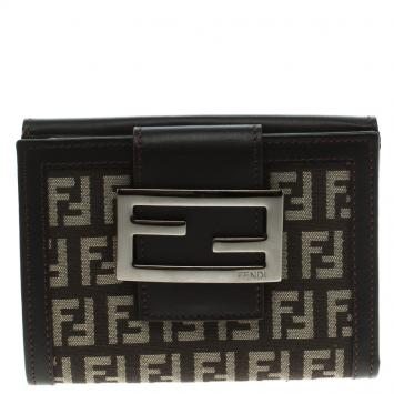 Pre Owned Fendi Dark Brown Zucchino Canvas and Leather Compact Wallet
