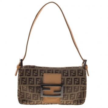 Pre Owned Fendi Fatigue Green/Beige Zucchino Canvas Mini Baguette Shoulder Bag