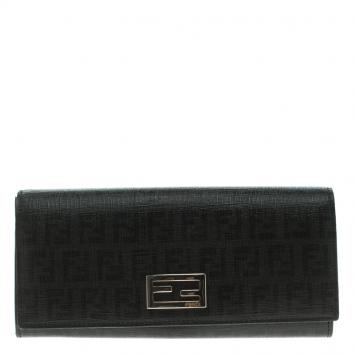 Pre Owned Fendi Black Zucchino Coated Canvas Continental Wallet