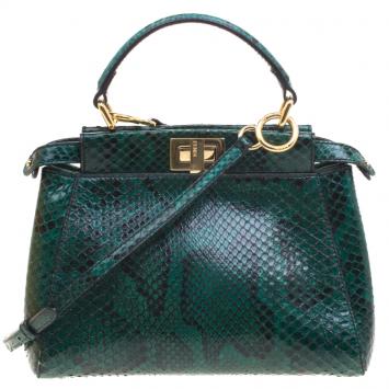 Pre Owned Fendi Green Python Mini Peekaboo Top Handle Bag