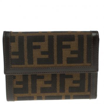 Pre Owned Fendi Tobacco Zucca Canvas Flap Compact Wallet