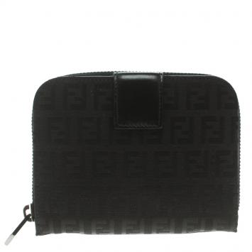 Pre Owned Fendi Black Zucchino Canvas Zip Around Compact Wallet
