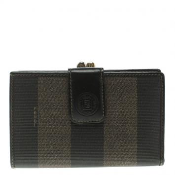 Pre Owned Fendi Tobacco Pequin Coated Canvas Kisslock Wallet