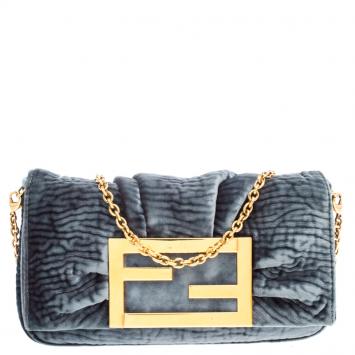 Pre Owned Fendi Metallic Grey Velvet Mia Pochette Bag