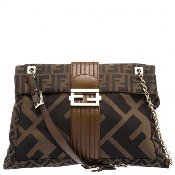 Pre Owned Fendi Tobacco Zucca Canvas Maxi Baguette Shoulder Bag