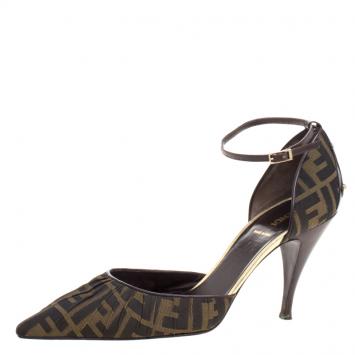 Pre Owned Fendi Brown Zucca Pleated Canvas Pointed Toe Ankle Strap D'orsay Pumps Size 40