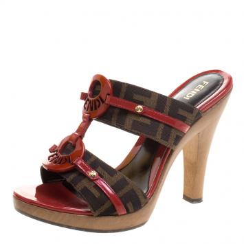 Pre Owned Fendi Tobacco/Red Zucca Canvas and Leather Logo Mules Sandals Size 37
