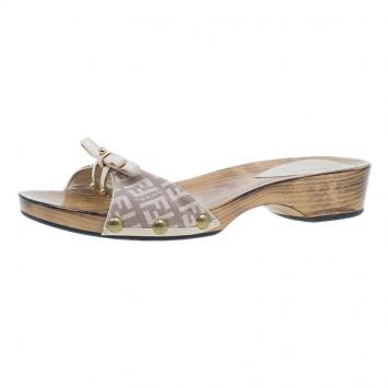 Pre Owned Fendi Zucchino Canvas Bow Wooden Slides Size 37.5