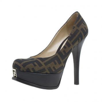Pre Owned Fendi Tobacco Zucca Canvas Logo Platform Pumps Size 37.5