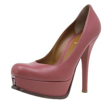 Pre Owned Fendi Pink Leather Logo Platform Pumps Size 39