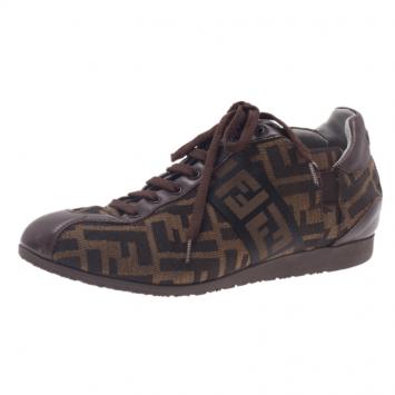 Pre Owned Fendi Tobacco Zucca Canvas Lace Up Sneakers Size 37.5