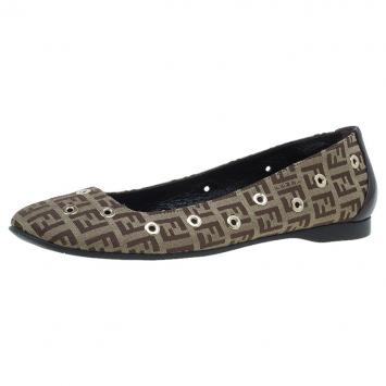 Pre Owned Fendi Brown Zucchino Canvas Grommet Detail Ballet Flats Size 38