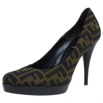 Pre Owned Fendi Brown Zucca Canvas Fendista Platform Pumps Size 38