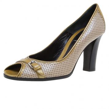 Pre Owned Fendi Mustard Yellow Perforated Leather Buckle Detail Peep Toe Pumps Size 37