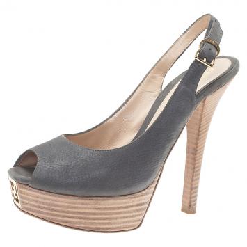 Pre Owned Fendi Metallic Grey Leather Peep Toe Platform Slingback Sandals Size 37