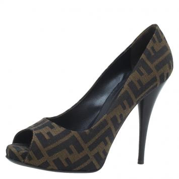 Pre Owned Fendi Tobacco Zucca Canvas Peep Toe Pumps Size 38