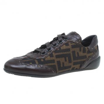 Pre Owned Fendi Tobacco Zucca Canvas and Leather Sneakers Size 36