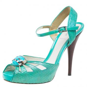 Pre Owned Fendi Turquoise Python Embossed Slingback Platform Sandals Size 39