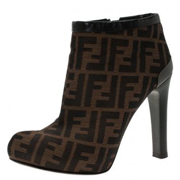 Pre Owned Fendi Brown Zucca Canvas and Leather Ankle Boots Size 38