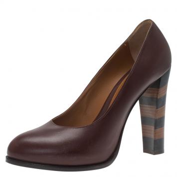 Pre Owned Fendi Burgundy Leather Pequin Block Heel Pumps Size 40