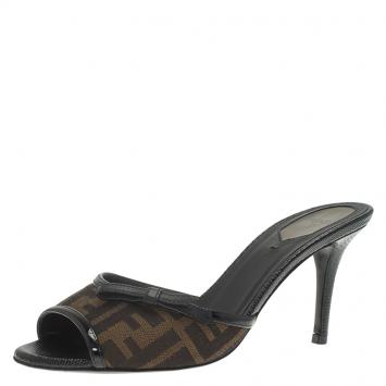 Pre Owned Fendi Brown Zucca Canvas and Leather Sabot Bow Slides Size 38