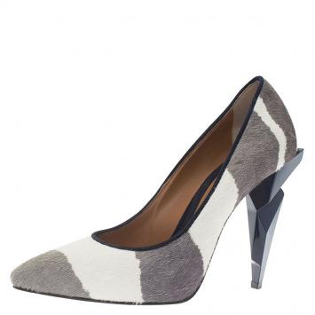 Pre Owned Fendi Grey and White Hair On Zebra Print Diamond Heel Pumps Size 39