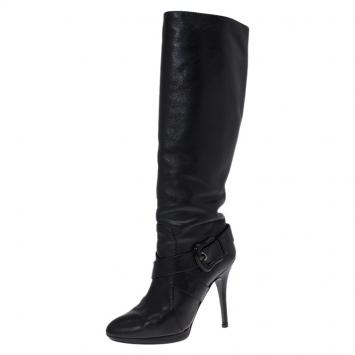 Pre Owned Fendi Black Leather Buckle Knee Length Boots Size 40