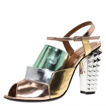 Pre Owned Fendi Runway Mirrored Leather Spike Heel Sandals Size 39