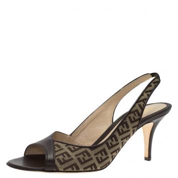 Pre Owned Fendi Brown Leather and Zucchino Canvas Slingback Sandals Size 38.5